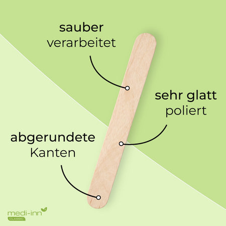 Einzeln entnommener Medi-Inn Holzmundspatel mit den Hinweisen: sauber verarbeitet, sehr glatt poliert, abgerundete Kanten.
