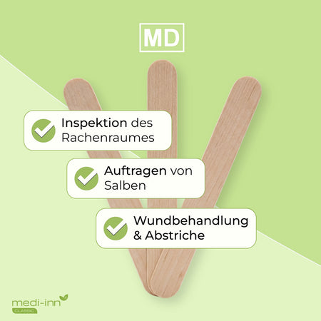 Drei gefächerte Holzmundspatel mit den Hinweisen: Inspektion des Rachenraumes, Auftragen von Salben, Wundbehandlung & Abstriche