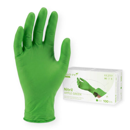 Frontalansicht des Medi-Inn Nitril Apple Green Handschuhs und der Verpackung.