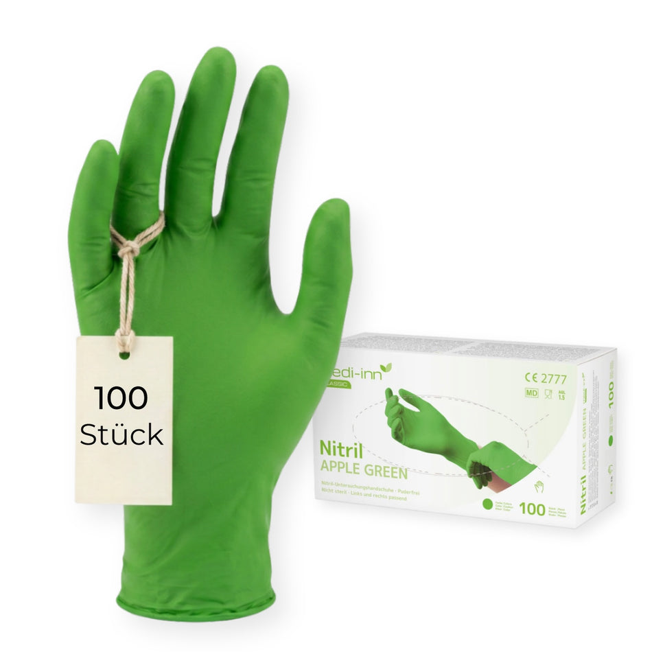 Frontalansicht eines Medi-Inn Nitril Apple Green Einmalhandschuhs neben der Verpackung mit 100 Stück.