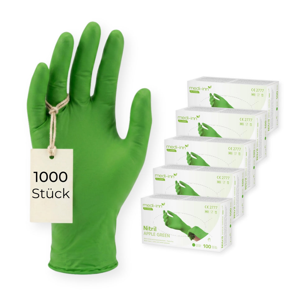 Frontalansicht eines Medi-Inn Nitril Apple Green Einmalhandschuhs neben den Verpackungen mit 1000 Stück.