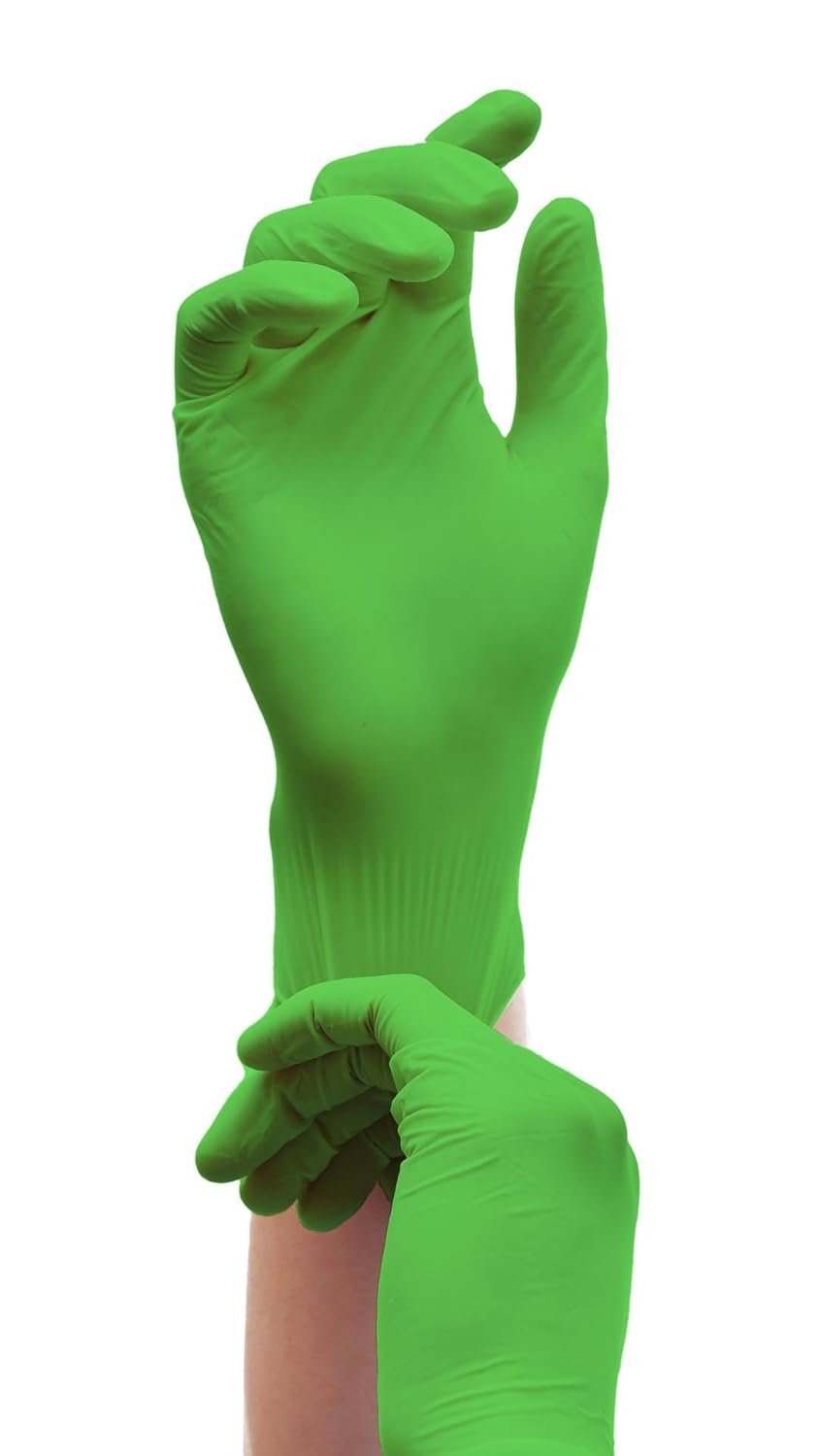 Detailreiche Darstellung von apfelgrünen Nitrilhandschuhen. Die Einmalhandschuhe sind auf einem weißen Hintergrund angeordnet, wobei die Hände in einer leicht gebogenen Position gezeigt werden, um die Flexibilität und Passform der Handschuhe zu verdeutlichen. Die Oberfläche der Handschuhe hat eine leicht strukturierte Textur, die für besseren Halt sorgt. Die Farbe ist lebhaft und frisch, ideal für den Einsatz im medizinischen oder gastronomischen Bereich.
