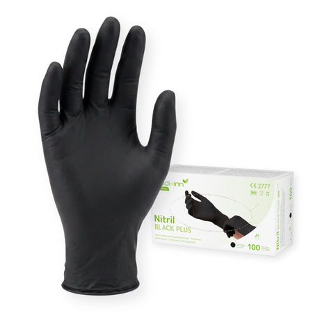 Frontalansicht des Medi-Inn Nitril Black Plus Handschuhs und der Verpackung.