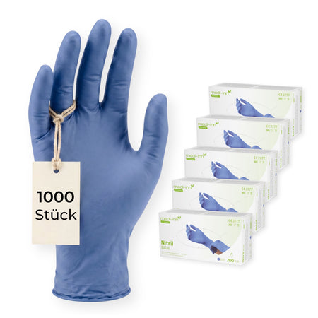 Frontalansicht eines Medi-Inn Nitril Blue Bigbox Einmalhandschuhs neben den Verpackung mit 1000 Stück.