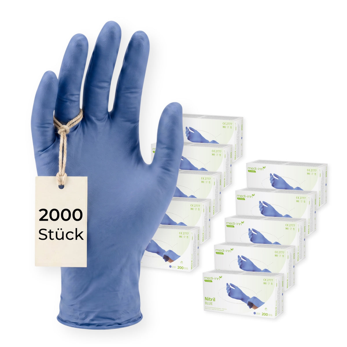 Frontalansicht eines Medi-Inn Nitril Blue Bigbox Einmalhandschuhs neben den Verpackungen mit 2000 Stück.