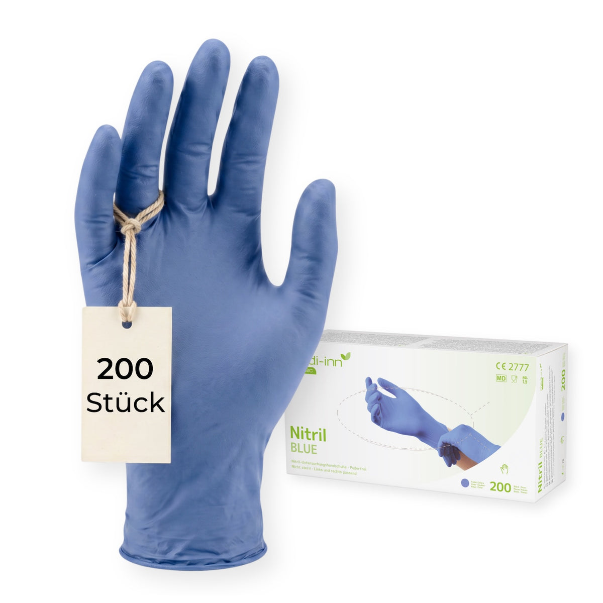 Frontalansicht eines Medi-Inn Nitril Blue Bigbox Einmalhandschuhs neben der Verpackung mit 200 Stück.