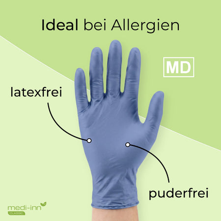 Frontalansicht eines Medi-Inn Nitril Blue Bigbox Einmalhandschuhs mit den Hinweisen: latexfrei, puderfrei, Medizinprodukt.