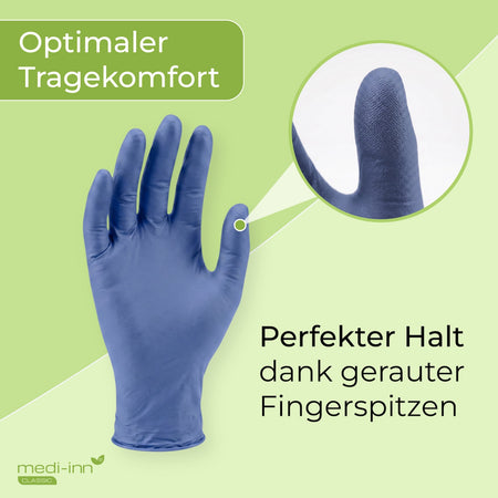 Frontalansicht eines Medi-Inn Nitril Blue Bigbox Einmalhandschuhs mit den Hinweisen: Optimaler Tragekomfort, Perfekter Halt dank gerauter Fingerspitzen.