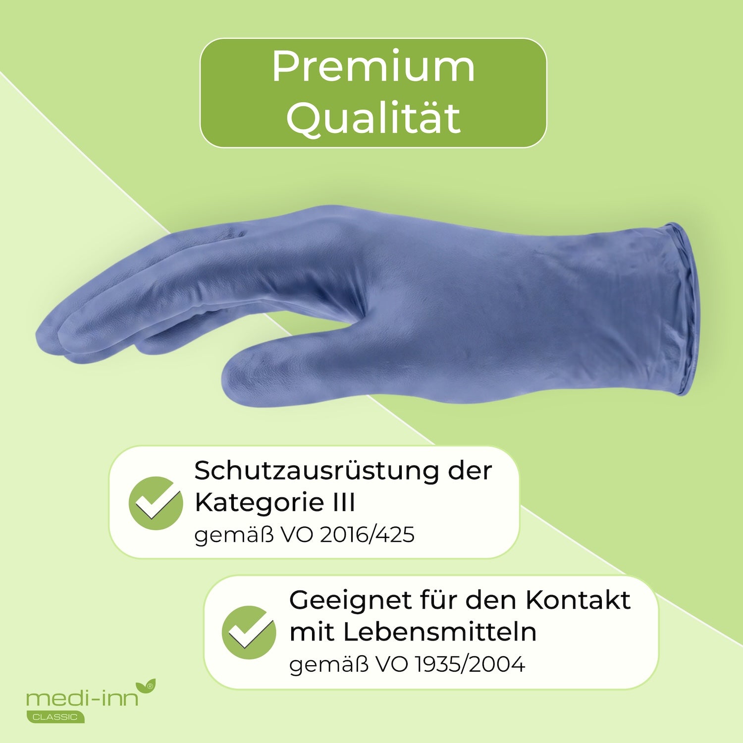 Seitliche Ansicht eines Medi-Inn Nitril Blue Bigbox Einmalhandschuhs mit den Hinweisen: Premium Qualität, Schutzausrüstung der Kategorie III gemäß VO 2016/425, Geeignet für den Kontakt mit Lebensmitteln gemäß VO 1935/2004.