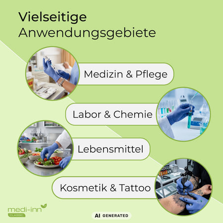 Hinweis auf die vielseitigen Anwendungsgebiete des Medi-Inn Nitril Blue Bigbox Einmalhandschuhs: Medizin & Pflege, Labor & Chemie, Lebensmittel, Kosmetik & Tattoo.