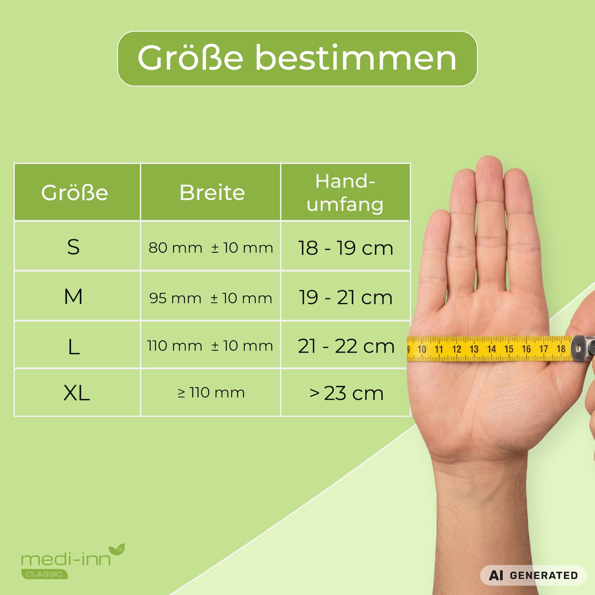 Übersicht zur Größenbestimmung:
S (Handumfang 18 - 19 cm), M (Handumfang 19 - 21 cm), L (Handumfang 21 - 22 cm), XL (Handumfang mehr als 23 cm).