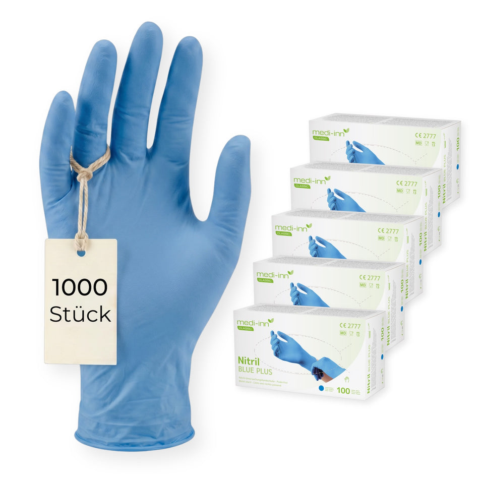 Frontalansicht eines Medi-Inn Nitril Blue Plus Einmalhandschuhs neben den Verpackungen mit 1000 Stück.
