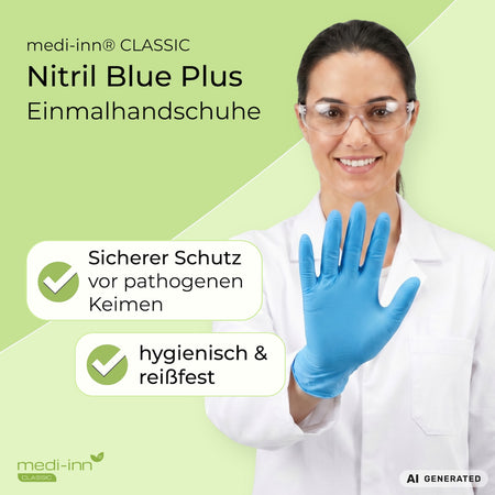 Eine Fachkraft aus dem Labor trägt den Medi-Inn Nitril Blue Plus Einmalhandschuh. Daneben die Hinweise: Sicherer Schutz vor pathogenen Keimen, hygienisch & reißfest.