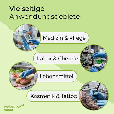 Hinweis: Vielseitige Anwendungsgebiete, Medizin & Pflege, Labor & Chemie, Lebensmittel, Kosmetik & Tattoo.