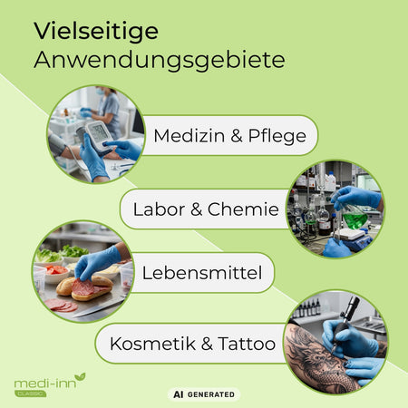 Hinweis auf die vielseitigen Anwendungsgebiete des Medi-Inn Nitril Blue Plus Einmalhandschuhs: Medizin & Pflege, Labor & Chemie, Lebensmittel, Kosmetik & Tattoo.