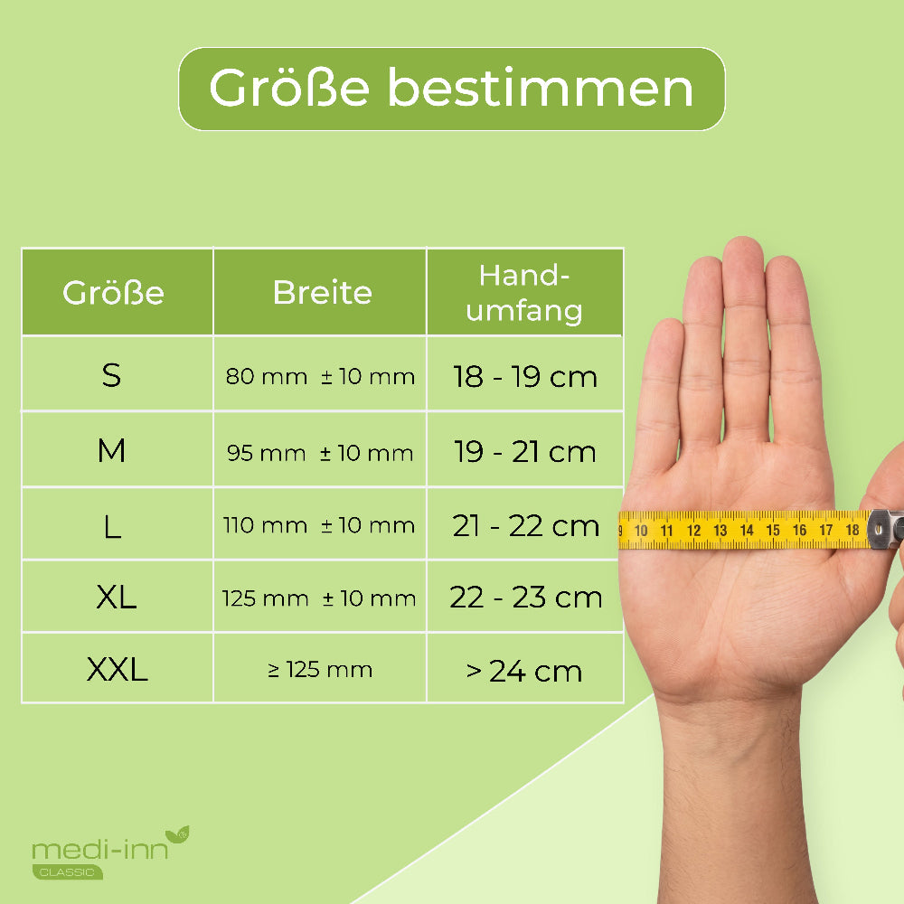 Größentabelle: S (18 - 19 cm Handumfang), M (19 - 21 cm Handumfang), L (21 - 22 cm Handumfang), XL (22 - 23 cm), XXL (mehr als 24 cm).