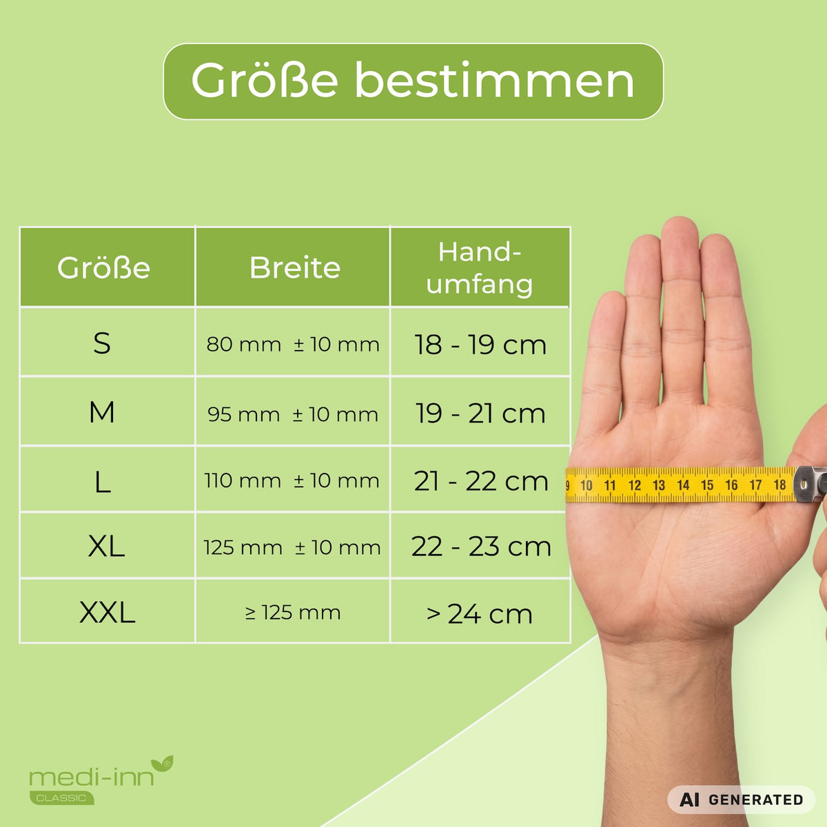 Übersicht zur Größenbestimmung:
S (Handumfang 18 - 19 cm), M (Handumfang 19 - 21 cm), L (Handumfang 21 - 22 cm), XL (22 - 23 cm), XXL (mehr als 24 cm).