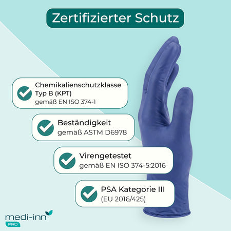 Zertifizierter Schutz: Chemikalienschutzklasse Typ B (KPT) gemäß EN ISO 374-1, Beständigkeit gemäß ASTM D6978, Virengetestet gemäß EN ISO 374-5:2016, PSA Kategorie III (EU 2016/425)