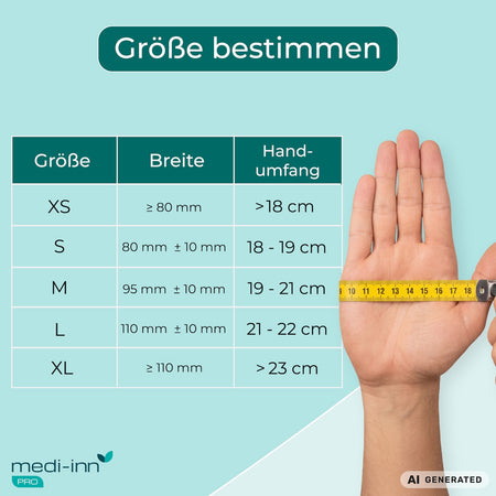 Übersicht zur Größenbestimmung: XS (Handumfang weniger als  18 cm), S (Handumfang 18 - 19 cm), M (Handumfang 19 - 21 cm), L (Handumfang 21 - 22 cm), XL (Handumfang mehr als 23 cm).