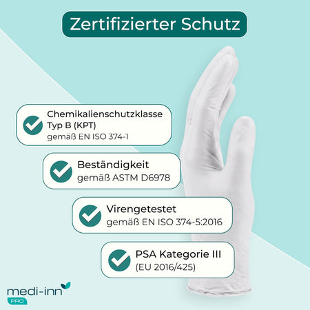 Zertifizierter Schutz: Chemikalienschutzklasse Typ B (KPT) gemäß EN ISO 374-1, Beständigkeit gemäß ASTM D6978, Virengetestet gemäß EN ISO 374-5:2016, PSA Kategorie III (EU 2016/425)