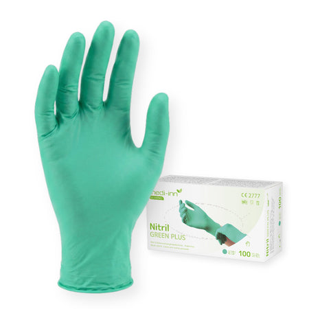 Frontalansicht des Medi-Inn Nitril Green Plus Handschuhs und der Verpackung.