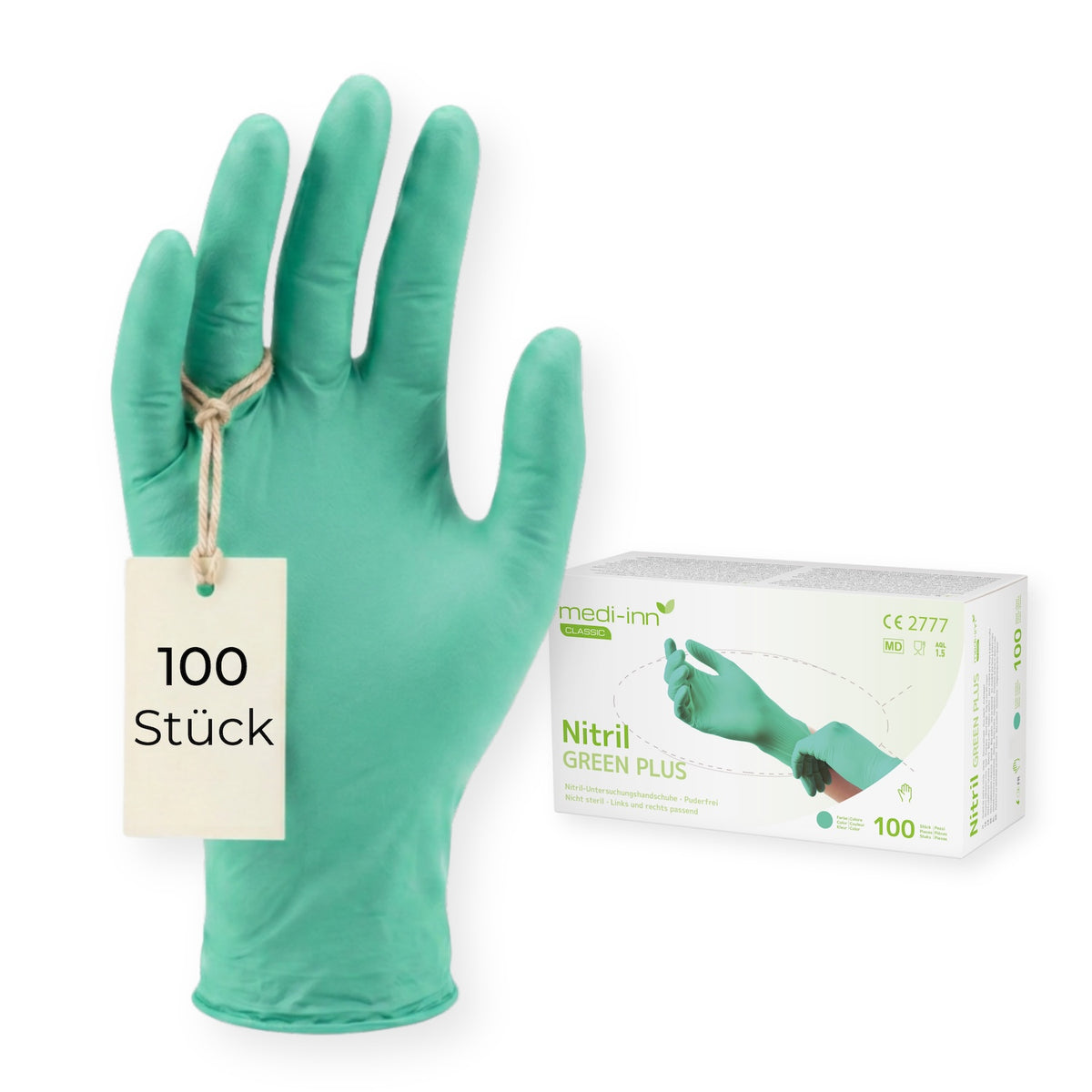 Frontalansicht eines Medi-Inn Nitril Green Plus Einmalhandschuhs neben der Verpackung mit 100 Stück.