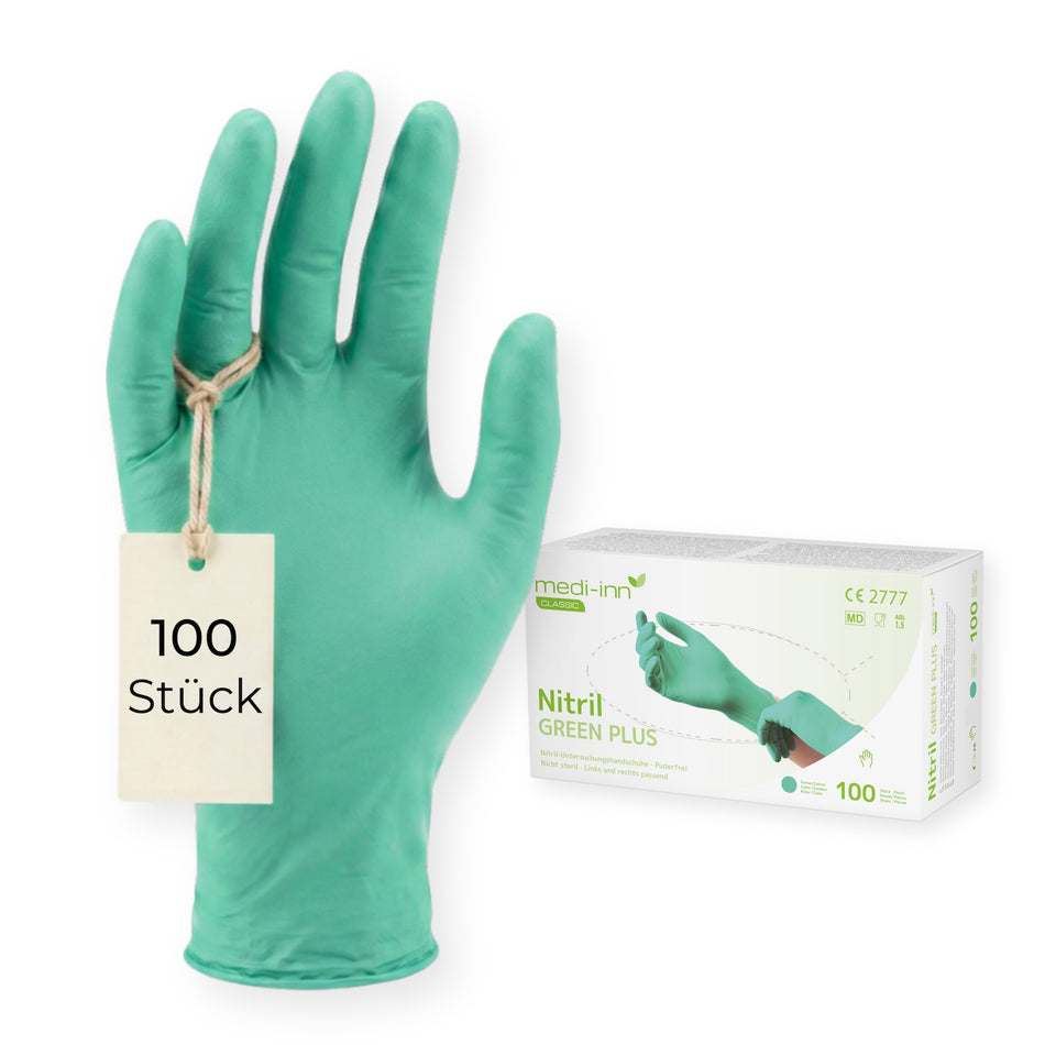 Frontalansicht eines Medi-Inn Nitril Green Plus Einmalhandschuhs neben der Verpackung mit 100 Stück.