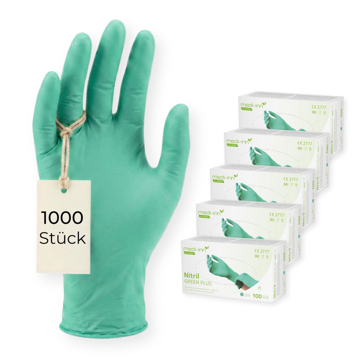 Frontalansicht eines Medi-Inn Nitril Green Plus Einmalhandschuhs neben den Verpackungen mit 1000 Stück.