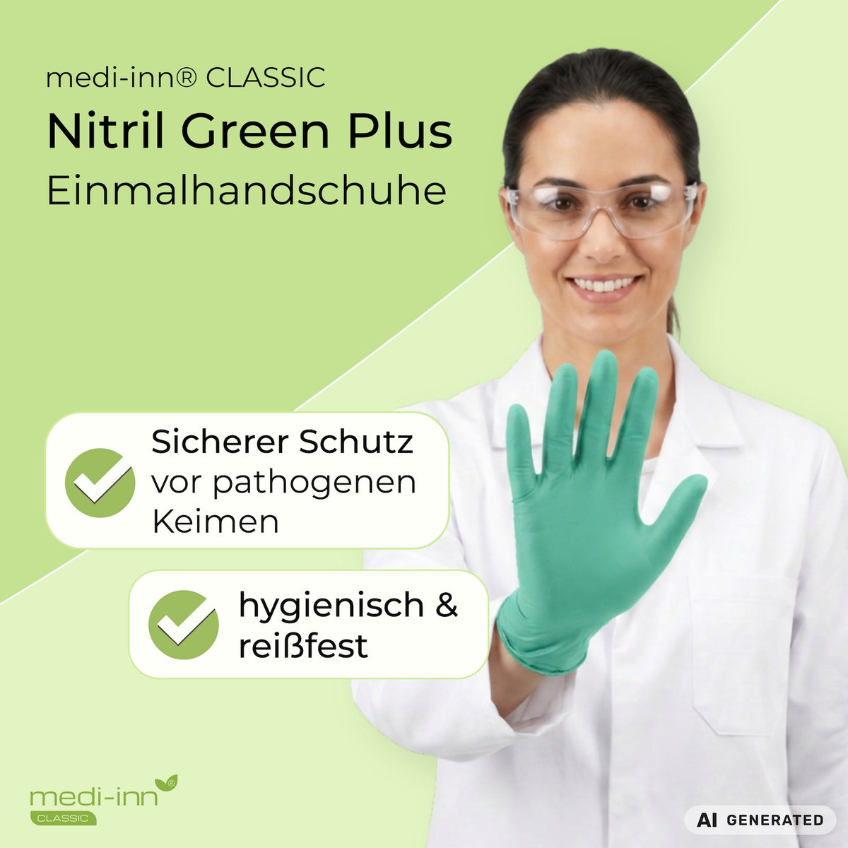 Eine Fachkraft aus dem Labor trägt den Medi-Inn Nitril Green Plus Einmalhandschuh. Daneben die Hinweise: Sicherer Schutz vor pathogenen Keimen, hygienisch & reißfest.