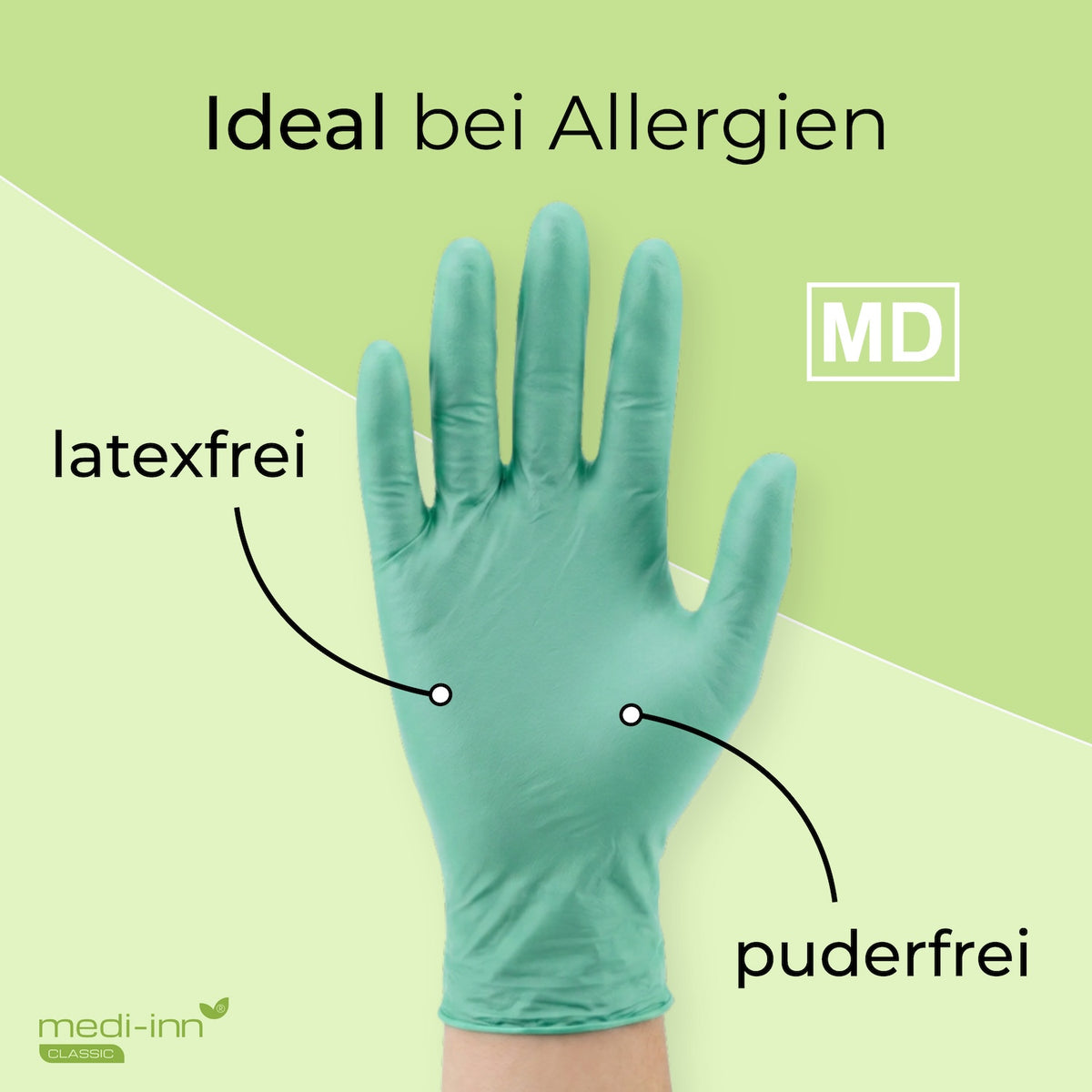 Frontalansicht eines Medi-Inn Nitril Green Plus Einmalhandschuhs mit den Hinweisen: latexfrei, puderfrei, Medizinprodukt.
