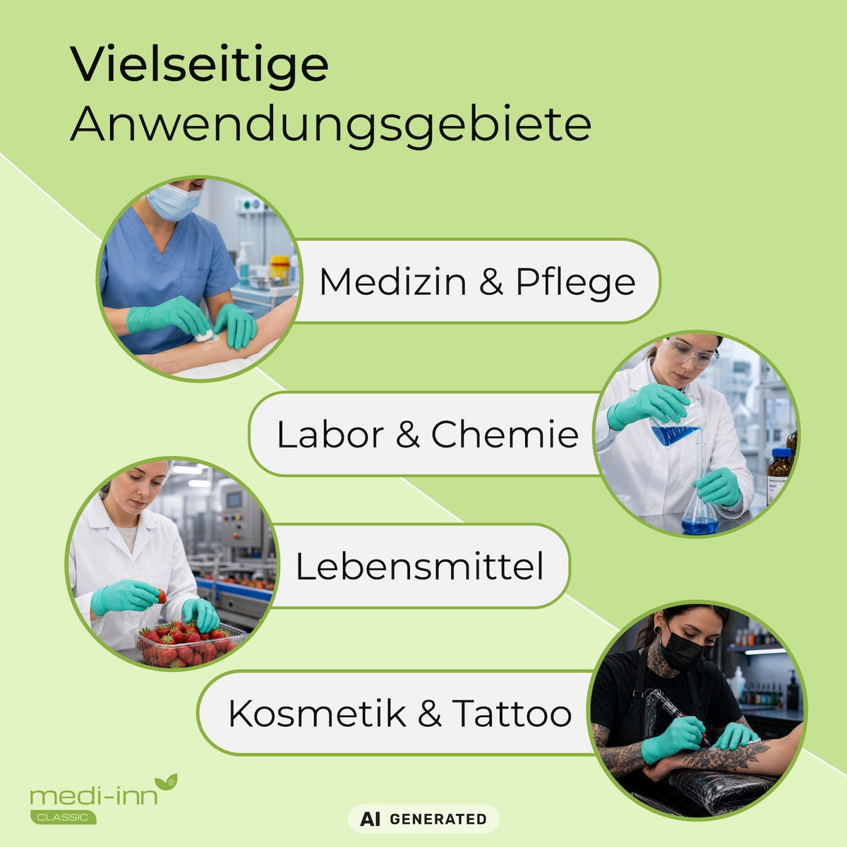 Hinweis auf die vielseitigen Anwendungsgebiete des Medi-Inn Nitril Green Plus Einmalhandschuhs: Medizin & Pflege, Labor & Chemie, Lebensmittel, Kosmetik & Tattoo.
