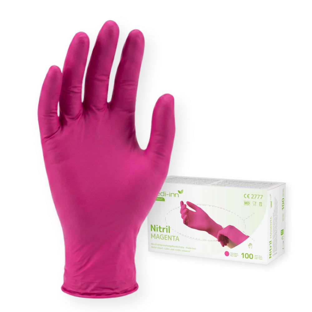 Frontalansicht des Medi-Inn Nitril Magenta Handschuhs und der Verpackung.