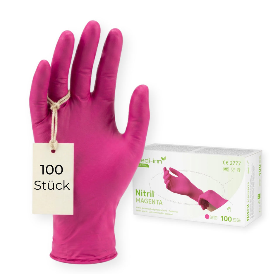 Frontalansicht eines Medi-Inn Nitril Magenta Einmalhandschuhs neben der Verpackung mit 100 Stück.