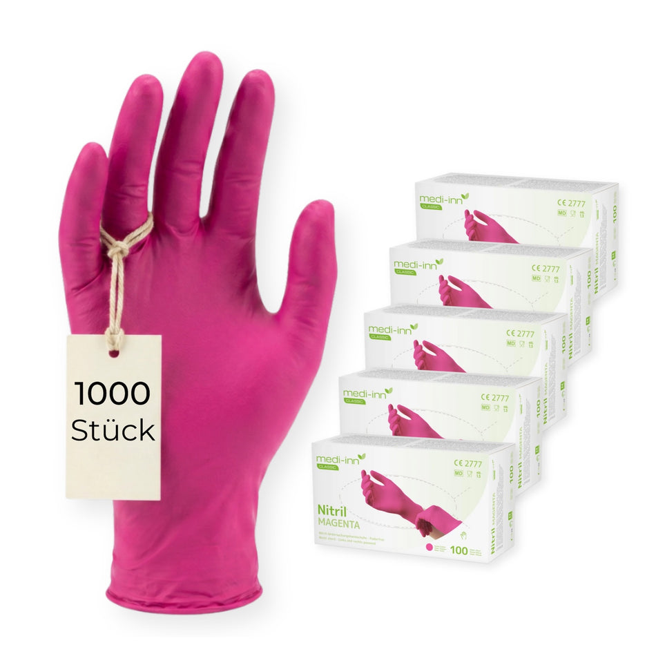 Frontalansicht eines Medi-Inn Nitril Magenta Einmalhandschuhs neben den Verpackungen mit 1000 Stück.