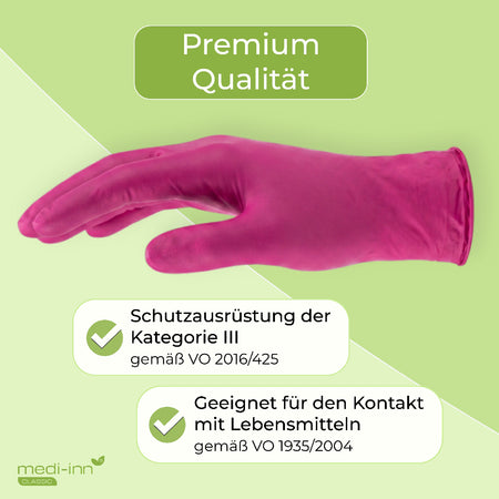 Hinweis: Premium Qualität, Schutzausrüstung der Kategorie 3, Geeignet für den Kontakt mit Lebensmitteln.