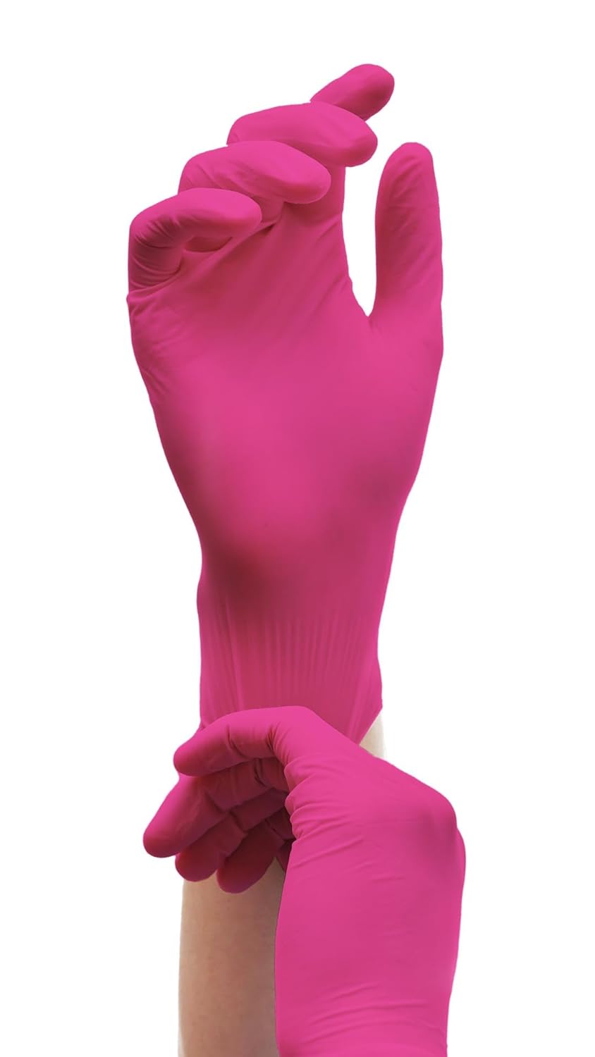 Magenta Nitrilhandschuhe in einer Packung von Medi Inn, die eine professionelle, puderfreie Ausführung bieten. Die Handschuhe sind elastisch und passen sich der Handform an, wobei alle fünf Finger sichtbar sind, um die Flexibilität und den hohen Tragekomfort zu demonstrieren. Die Verpackung zeigt das Produktlogo und die grüne Umrandung hebt die Handschuhe hervor.