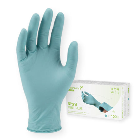 Frontalansicht des Medi-Inn Nitril Mint Plus Handschuhs und der Verpackung.
