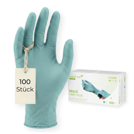Frontalansicht eines Medi-Inn Nitril Mint Plus Einmalhandschuhs neben der Verpackung mit 100 Stück.