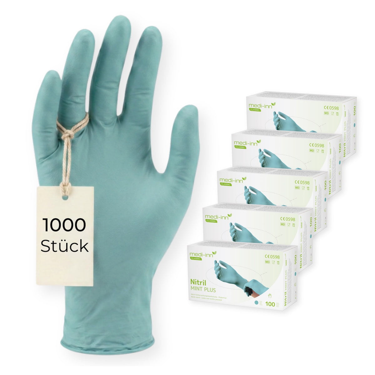Frontalansicht eines Medi-Inn Nitril Mint Plus Einmalhandschuhs neben den Verpackungen mit 1000 Stück.