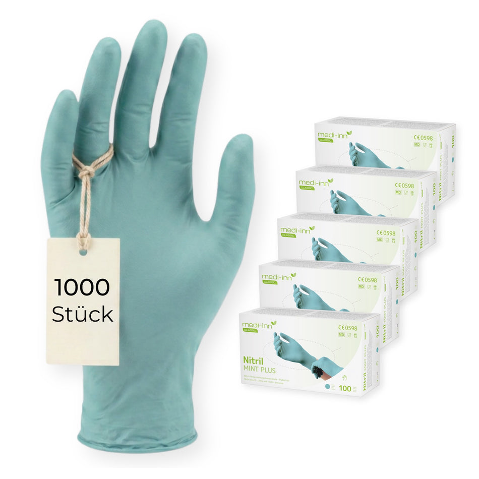 Frontalansicht eines Medi-Inn Nitril Mint Plus Einmalhandschuhs neben den Verpackungen mit 1000 Stück.