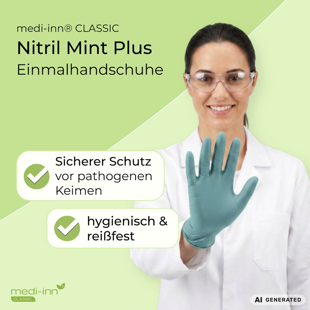 Eine Fachkraft aus dem Labor trägt den Medi-Inn Nitril Mint Plus Einmalhandschuh. Daneben die Hinweise: Sicherer Schutz vor pathogenen Keimen, hygienisch & reißfest.