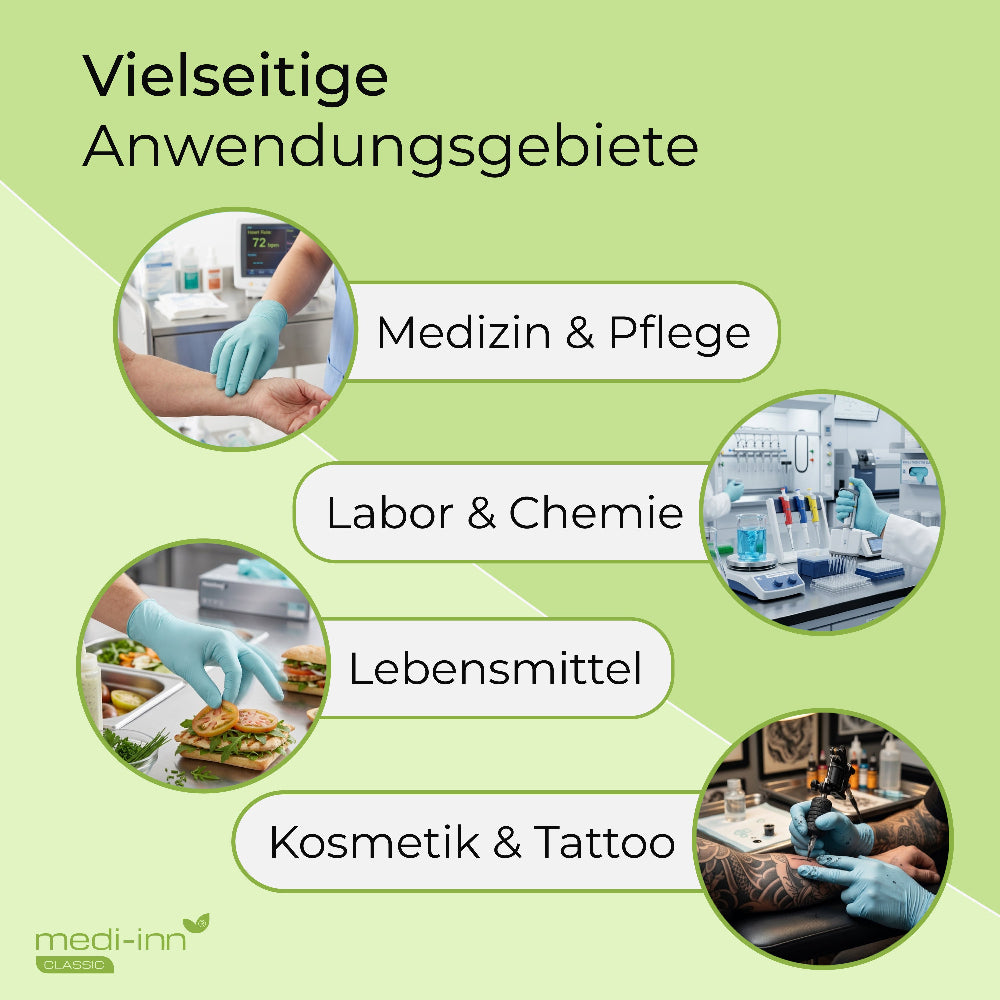 Hinweis: Vielseitige Anwendungsgebiete, Medizin & Pflege, Labor & Chemie, Lebensmittel, Kosmetik & Tattoo.
