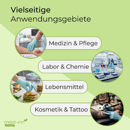 Hinweis: Vielseitige Anwendungsgebiete, Medizin & Pflege, Labor & Chemie, Lebensmittel, Kosmetik & Tattoo.