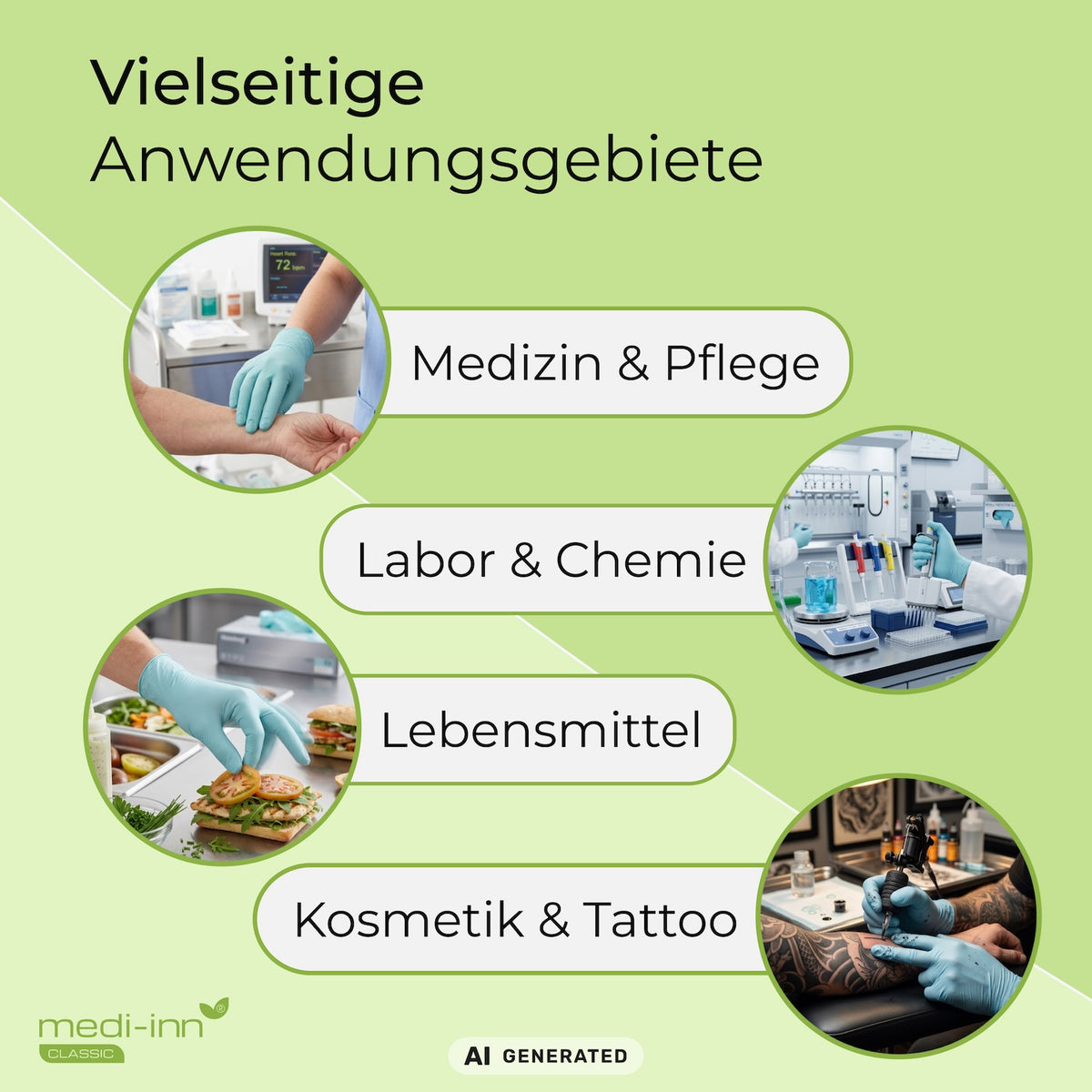 Hinweis auf die vielseitigen Anwendungsgebiete des Medi-Inn Nitril Mint Plus Einmalhandschuhs: Medizin & Pflege, Labor & Chemie, Lebensmittel, Kosmetik & Tattoo.