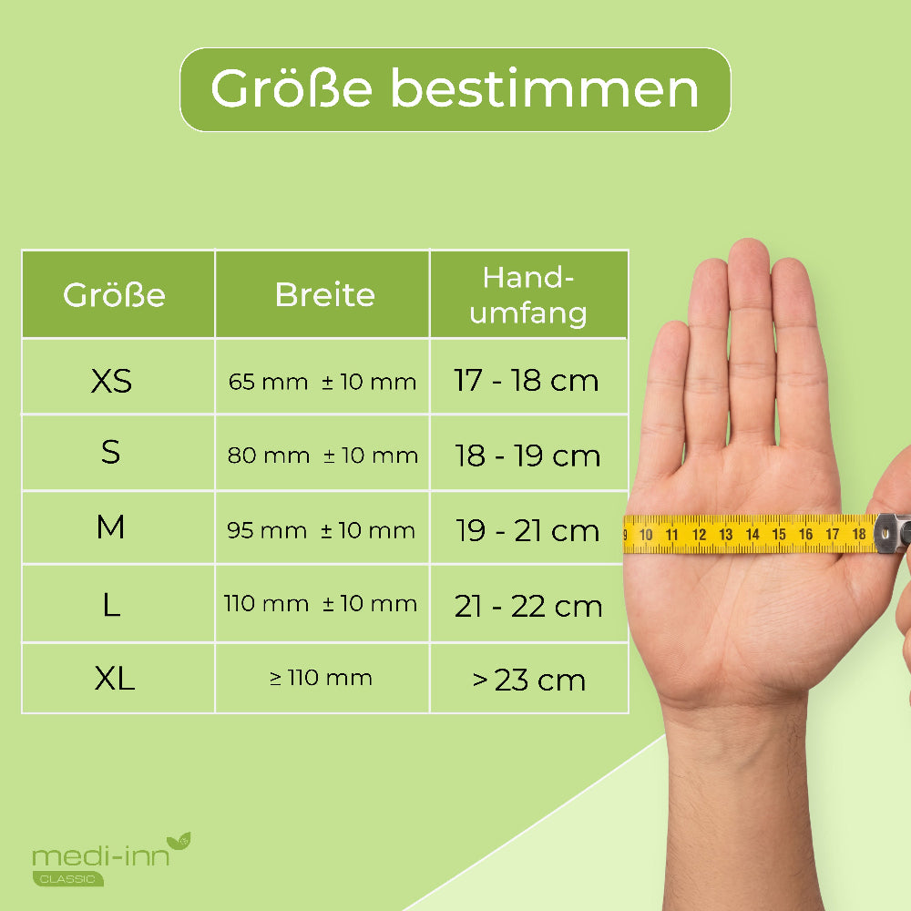 Größentabelle: XS (17- 18 cm Handumfang), S (18 - 19 cm Handumfang), M (19 - 21 cm Handumfang), L (21 - 22 cm Handumfang), XL ( mehr als 23 cm Handumfang).