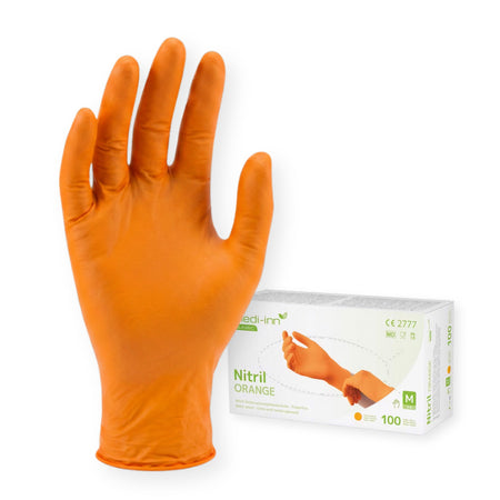 Frontalansicht des Medi-Inn Nitril Orange Handschuhs und der Verpackung.