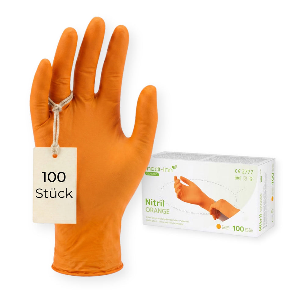Frontalansicht eines Medi-Inn Nitril Apple Green Einmalhandschuhs neben der Verpackung mit 100 Stück.