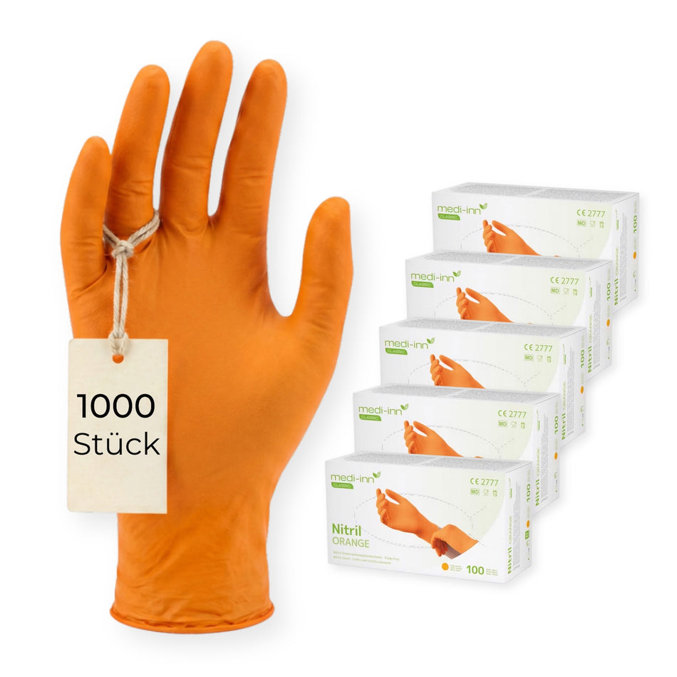 Frontalansicht eines Medi-Inn Nitril Apple Green Einmalhandschuhs neben den Verpackungen mit 1000 Stück.