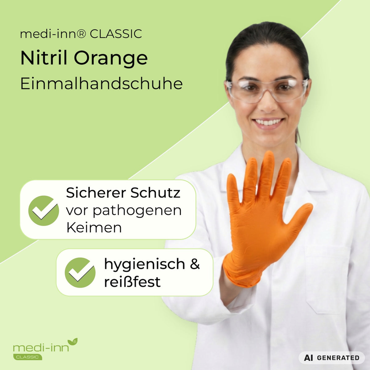Eine Fachkraft aus dem Labor trägt den Medi-Inn Nitril Apple Green Einmalhandschuh. Daneben die Hinweise: Sicherer Schutz vor pathogenen Keimen, hygienisch & reißfest.