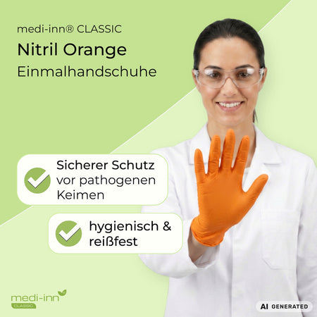 Eine Fachkraft aus dem Labor trägt den Medi-Inn Nitril Apple Green Einmalhandschuh. Daneben die Hinweise: Sicherer Schutz vor pathogenen Keimen, hygienisch & reißfest.